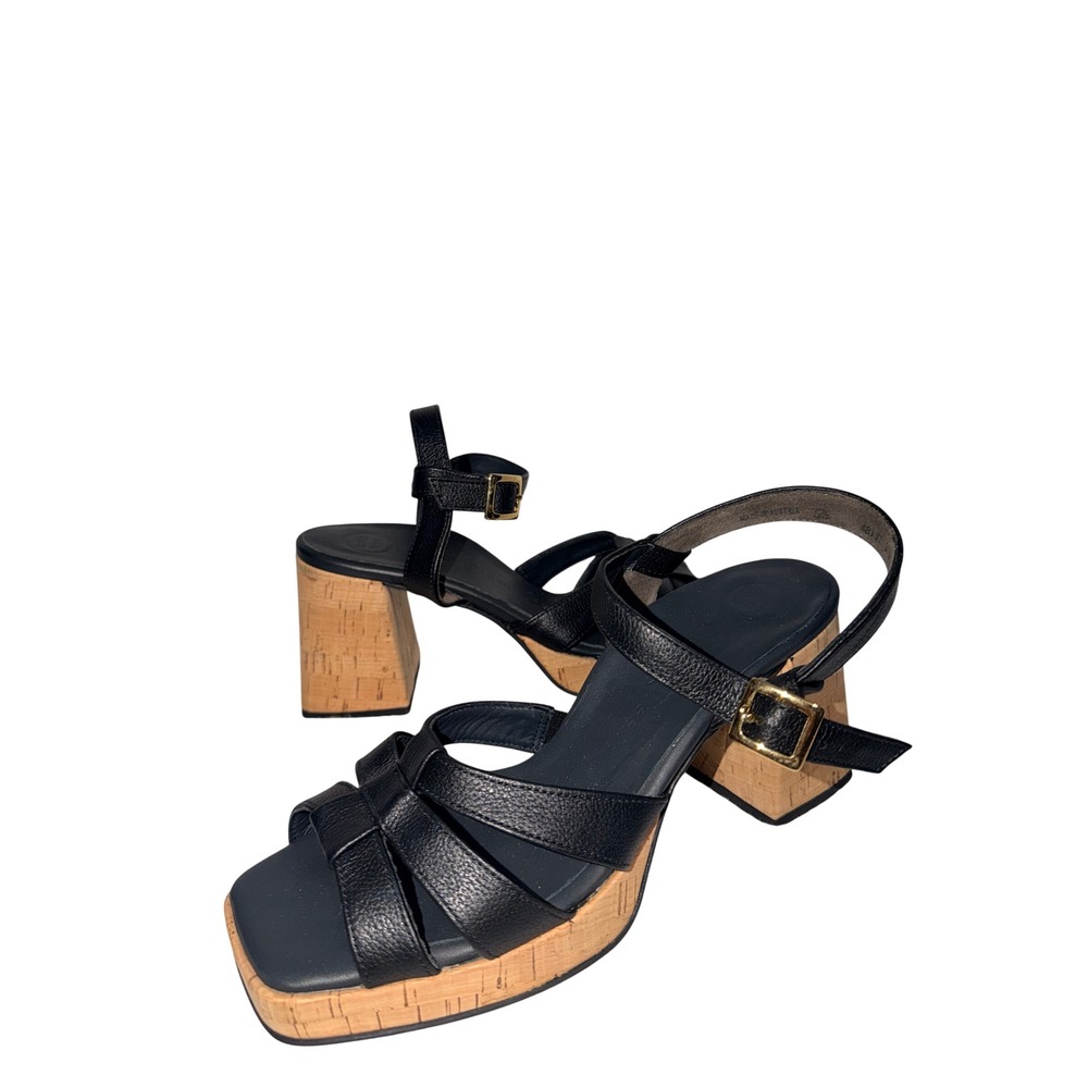 Paul Green Black Leather Cork Platform Block Heel Sandals Size 5.5 UK 8 USA